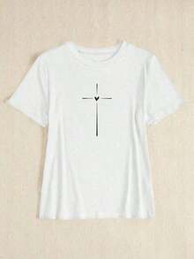 1 Piece Of Casual Short-Sleeved T-Shirt With Heart Print, Graphic Tees For Women, 180g 100% Cotton, Designs Are Fully Printed. Unisex. - 白色 - 查看 5