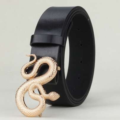 Snake-Shaped Champagne-Colored Buckle, Gothic Punk Style Belt, Fashion Accessory For Jeans And Dresses, Adjustable Unisex