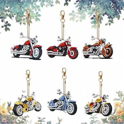 6pcs DIY Motorcycle Diamond Painting Keychain Kit - Vibrant Double-Sided, Handmade Acrylic Pendant With Unique Shaped Diamonds - Great For Home Decor, Garden Decor, Party Favors And Backpack Accessories, Decorative Keychain, Assorted Shapes Diamond Art Set