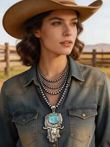 1 pieza Collar de múltiples capas con cuentas exageradas, estilo país occidental, textura de estaño y perlas falsas, cadena para suéter para mujeres - collar - Ver 2