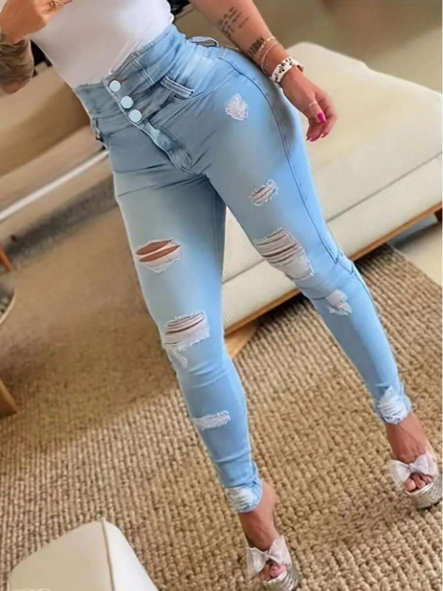 Women's Casual Everyday Wear Distressed Pocket Button Design Denim Jeans - Blue - View 1