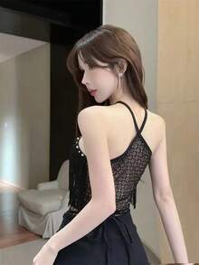 Top halter decorativo con copas acolchadas, borla larga, diamante brillante de perlas, estilo millenario retro, cabestro sexy - Negro - Ver 3