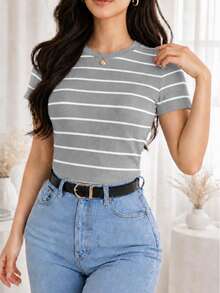 Women's Basic Ribbed Cotton Striped Blouse - Gris - Ver 2