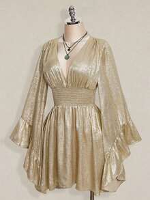 Vestido corto elegante de manga larga con cuello en V y cintura ceñida de unicolor para mujer - Dorado - Ver 12