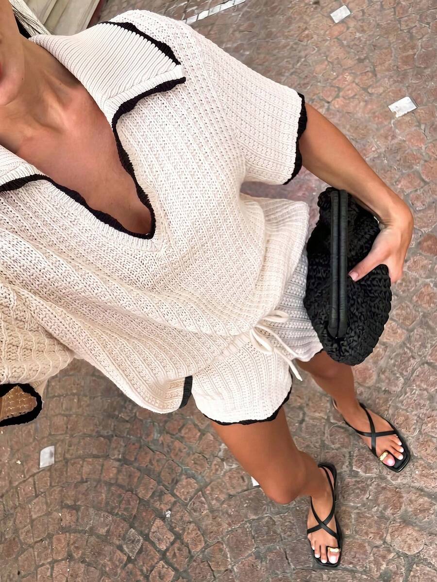 Women's Cream Waffle Texture Contrast Trim Short Sleeve Shorts Set, Beach Vacation Casual Summer Outfit