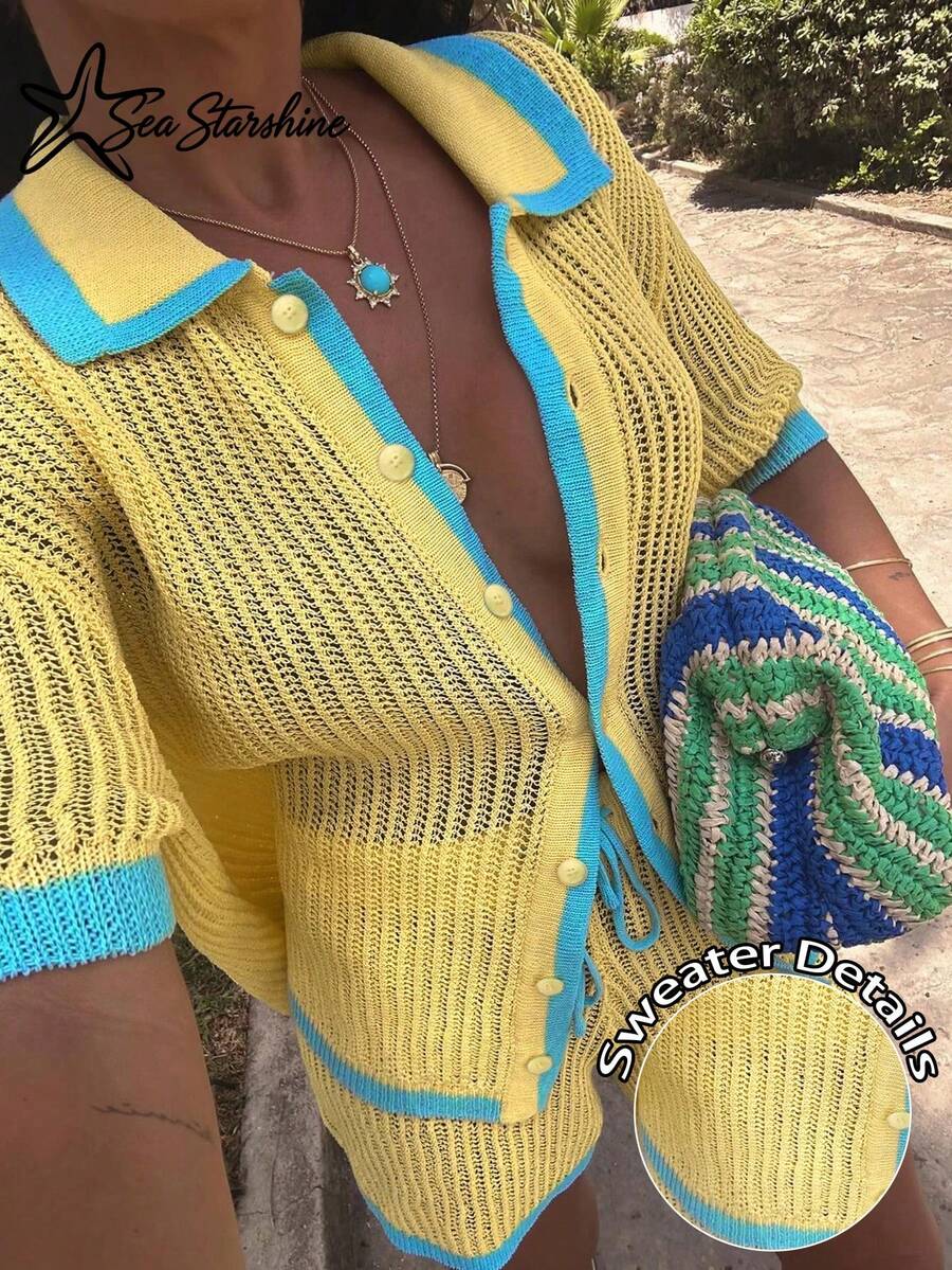 Conjunto de 2 piezas de estilo de vacaciones de playa primavera/verano nuevo, cárdigan de punto de ganchillo de manga corta con bloques de color amarillo y azul dopamina + pantalones cortos con cordón - Amarillo - Ver 1