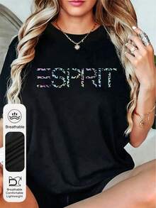 Plus Size Women Leopard Print & Geometric Pattern Round Neck Short Sleeve Casual Minimalist Summer T-Shirt Black - Black - View 1
