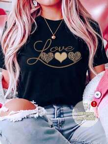 100% cotton Camiseta Casual para Mujer, Cuello Redondo, Manga Corta, Largo Regular, con Estampado de Leopardo y Gráfico de Corazón - Negro 2 - Ver 9