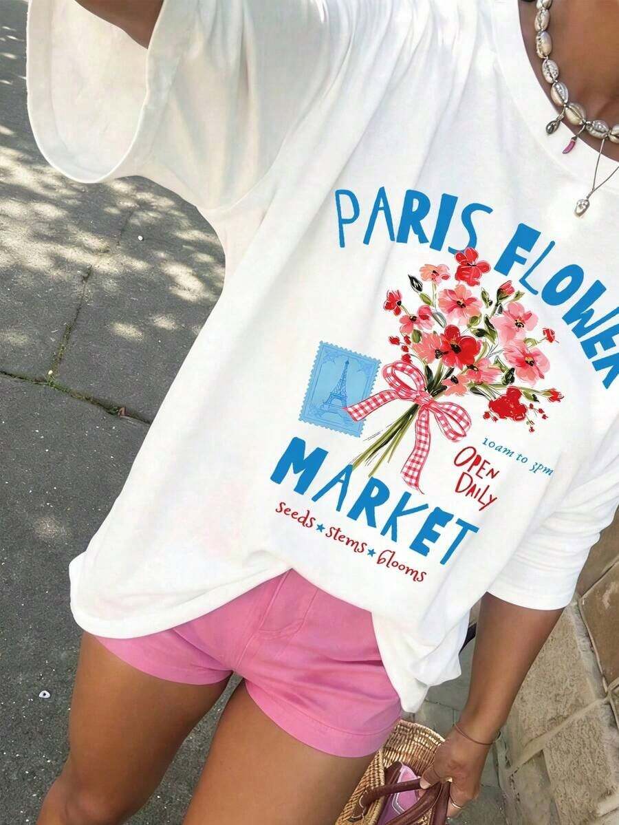 Camiseta casual de manga corta con estampado de París para mujer, camiseta gráfica de verano y primavera para mujer-Vintage Street Style Unisexoose Cotton Short Sleeve Crew Neck T-Shirt - Blanco 2 - Ver 1