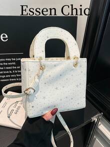 1件白色春季新款星形装饰尼龙达芙妮包,女士手提小方包,单肩斜挎两用肩带 - 白色 - 查看 2