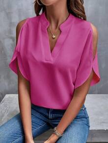 Elegante Camisa de Manga Corta con Cuello en V para Mujer - Color Sólido, Cuello con Muescas, Estilo Europeo y Americano Holgado y Versátil - Rojo coral - Ver 4