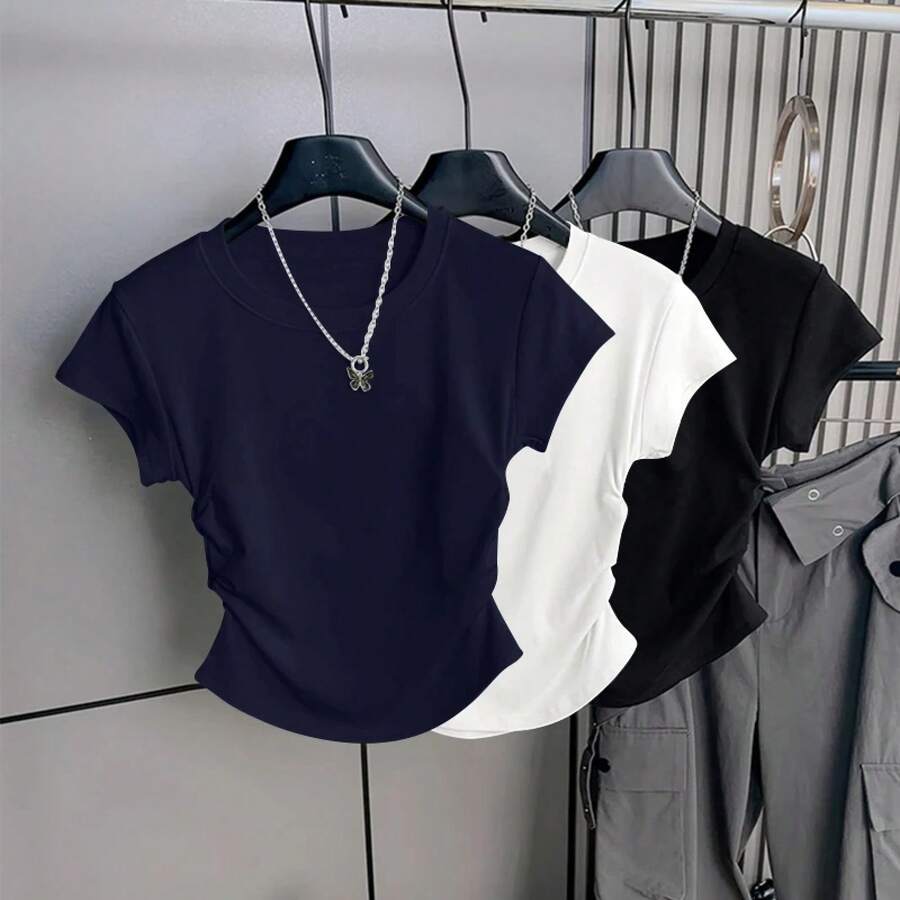 Cseta de manga corta para mujer 2025: Nueva moda de verano con diseño ceñido a la cintura, top versátil que estiliza la fi... - azul real - Ver 1