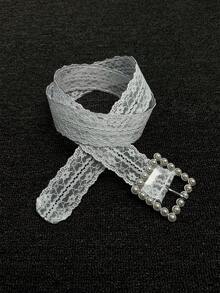 1 pieza Cinturón de encaje de diseño versátil de moda para mujer, accesorio para faldas y jeans - Blanco - Ver 5