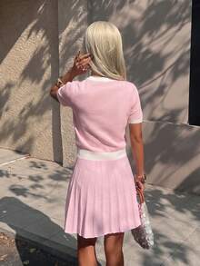 FOR BEAUTY Women's Y2K Colorblock Pleated Skirt Knit Set, Elegant Casual Metal Button, Office Date Graduation Party Dress Set - Pink and White - View 8