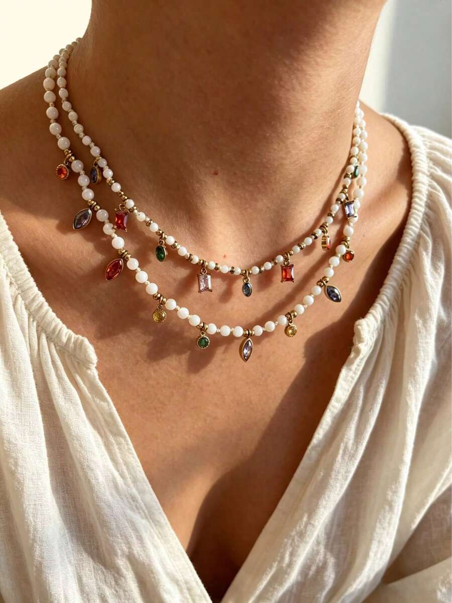 Monlansher Women's New Beaded Multi-Pendant Geometric Necklace, Fashion Luxury High-End Casual Vacation Daily Wear Beaded Necklace - Gold - View 1