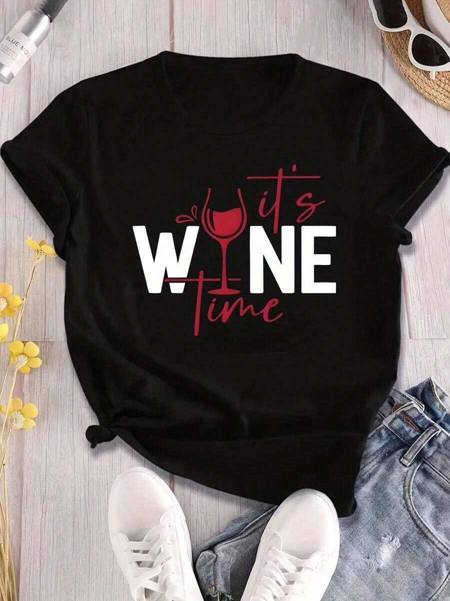 Camiseta Gráfica Estampada "It's Wine Time" para Mujer, Ideal para Uso Casual, Verano y Regalos - Negro - Ver 1