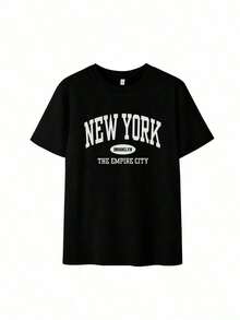 Camiseta playera t-shirt mujer cuello redondo manga corta casual cómoda diario estampado New York Brooklyn ciudades letras urbana - Negro - Ver 1