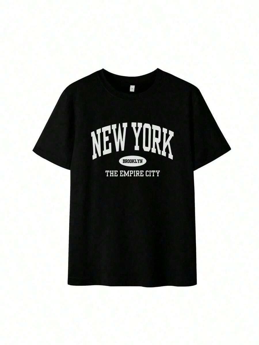 Camiseta playera t-shirt mujer cuello redondo manga corta casual cómoda diario estampado New York Brooklyn ciudades letras urbana - Negro - Ver 1