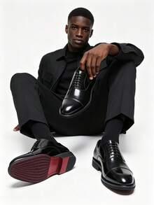 Men's Pointed Toe Double-Buckle Oxfords, Retro British Style Formal Dress Shoes With Red Soles, Glossy Leather Casual Loafers Suitable For Office, Banquet, Formal Occasions, Wedding With Suit - Black - View 1