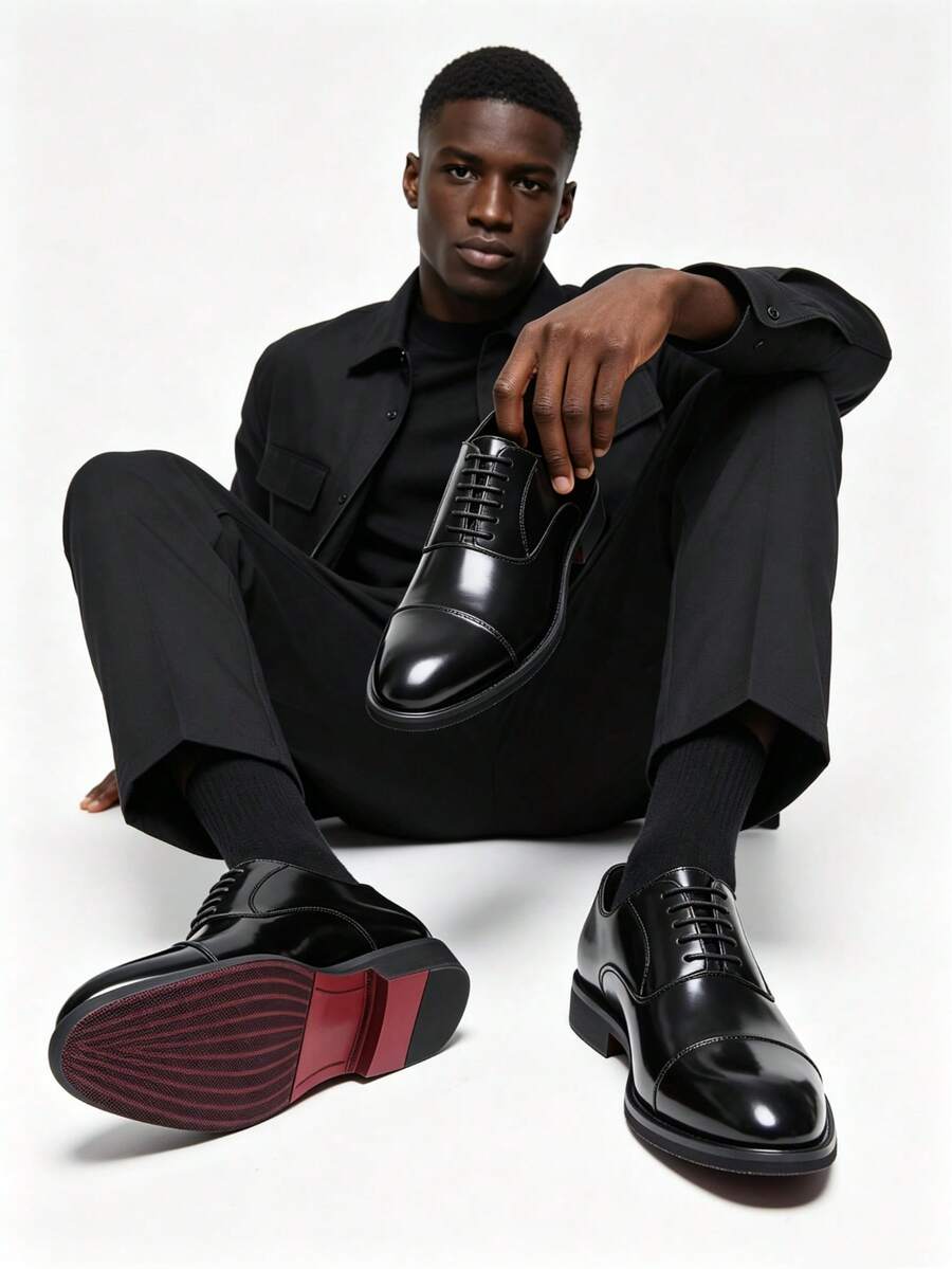 Men's Pointed Toe Double-Buckle Oxfords, Retro British Style Formal Dress Shoes With Red Soles, Glossy Leather Casual Loafers Suitable For Office, Banquet, Formal Occasions, Wedding With Suit - Black - View 1