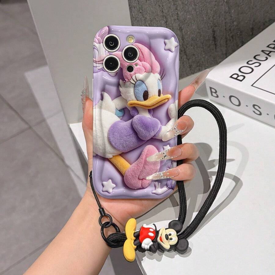Disney Mickey Mouse Clubhouse Phone Case : 3D Fluffy Pattern Border Protector Phone Soft Phone Case With A Free Cute Mickey Bracelet Chain Lanyard, Mickey, Minnie, Goofy, Donald Duck, Daisy Duck, Pluto, For Apple 17 Promax 17 Pro 16 15 14 13 12 11 Pro Max XS Max X XR Soft Cover Summer Phone Case - 白色 - 查看 1