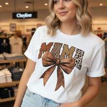 1 Piece Of Women's Cotton T-Shirt With "MAMA" Print, Leopard Print Lettering And Bow Design, Short Sleeve, Round Neck, Casual Top, Soft And Comfortable For Everyday Wear, Available In Sizes S-5XL, Perfect For Mom, Mother's Day Gift Idea, T-Shirt For Mom, Cute T-Shirt For Mom, Basic Loose Fit T-Shirt For Women, 180g 100% Cotton. - 白色 - 查看 8