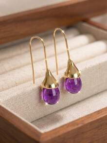 1 Pasang Anting-Anting Vintage Ungu Berbentuk Tetesan Air Mata, Anting-Anting Desain Unik dan Elegan untuk Wanita - Purple - View 4