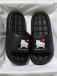 MAOLI Hello Kitty Bow & Cat Pattern Women's Slippers, New Summer Bathroom Slippers, Fashion Versatile, Cat Claw Design Cat Face Sandals, Soft Comfortable Checkered Insole, Couples Slippers Available In Multiple Colors - Black - View 5