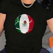 1 Blusa de Mujer Hermosa para Mujer, Conjuntos de Ropa para Mujer, Camiseta Blanca y Negra 180G con Bola de Fútbol, Bandera de México, Águila Estampada Real Mexicana, Estampado de Alta Calidad, Cuello Redondo Básico, Corte Holgado, Transpirable, Versátil, Lavable a Máquina, Tallas Cómodas S~2XL, Esencial para el Verano, Deportivo Casual Diario - Negro - Ver 1
