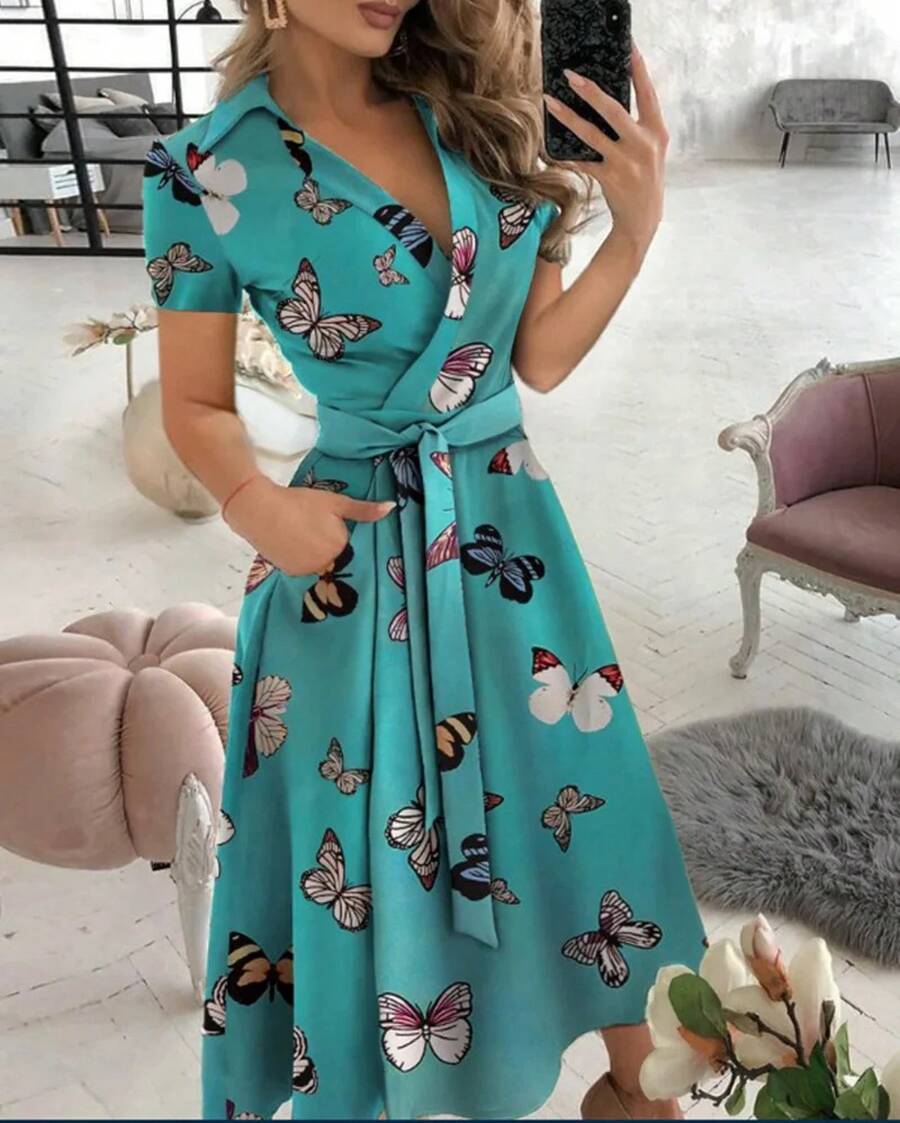 Vestido de verano con estampado de rayas de arcoíris para mujer, vestido largo informal de manga corta con botones, camisa Vintage, vestidos largos elegantes para mujer 2023 - Azul - Ver 1