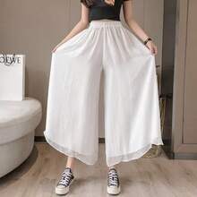 Pantalones de mujer de talla grande para primavera y verano, de doble capa de gasa, elásticos, de cintura alta, casuales, finos y sueltos, estilo hada, de nueve puntos. - Negro - Ver 2