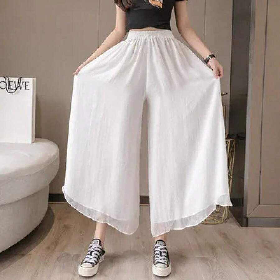 Pantalones de mujer de talla grande para primavera y verano, de doble capa de gasa, elásticos, de cintura alta, casuales, finos y sueltos, estilo hada, de nueve puntos. - Blanco - Ver 1