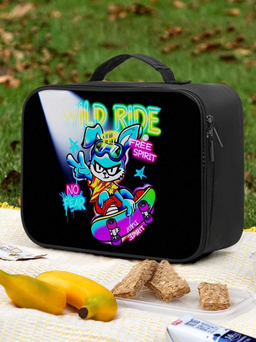 1 chiếc túi đựng cơm trưa cách nhiệt in hình thỏ trượt ván Wild Ride, túi giữ lạnh hoạt hình Free Spirit, phong cách đường phố Y2K, túi đựng đá chống thấm nước, hộp cơm bento cho trường học/văn phòng/dã ngoại, màu đen - Bánh mì cuộn ngang một mặt (Loại A) - Xem 1