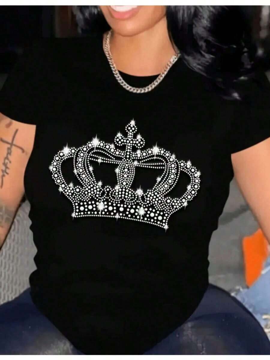 Camiseta básica para mujer de manga corta y cuello redondo con impresión de imitación de pedrería con grafico de xv años I89S - Negro - Ver 1