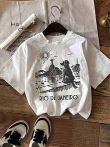 1 pieza de camisa de mujer de De Janeiro, Brasil, con estampado de amante de perros, top casual de manga corta para vacaciones, ropa de mujer, 180g 100% algodón, los diseños están completamente impresos. Unisexo. - Blanco - Ver 7