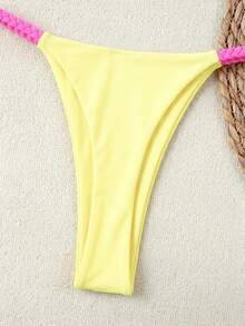 2026 Spring/Summer Women's Fresh Lemon Yellow Knitted Spaghetti Strap Bikini Swimsuit, 2 Pieces Beach Vacation Swimwear - Multicolor - View 6