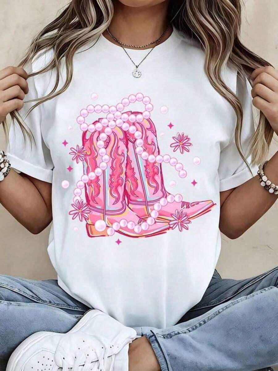1 Piece Of Women's Round Neck T-Shirt, Pink Color, With Cowboy Boots Print, Pearls And Flowers, Short Sleeve, Casual Summer Style For Daily Wear, 180g, 100% Cotton. - 白色 - 查看 1
