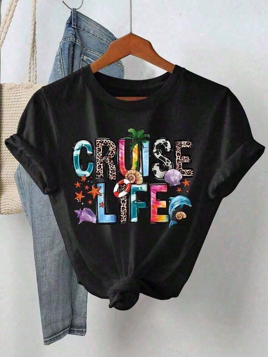 Camiseta de manga corta con cuello redondo y estampado de letras con temática de verano "Cruise Life" para mujer, hecha de algodón puro, con un diseño inspirado en la playa. Una Elegante Camiseta Nueva para el Día de la Madre, un Esencial de Verano, 100% Algodón con Cuello Redondo: Camiseta Retro Rojo Cereza para Celebración de Festivales de Verano - Negro - Ver 1