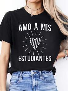 Spring-Summer Casual T-Shirt With Spanish Letter Print, Short-Sleeved Sports T-Shirt With Round Neck, Women's Top, A Very Distinctive Printed T-Shirt / Unisex Style / Suitable For Both Men And Women / Wrinkle Resistant / Breathable. - 黑色 - 查看 8
