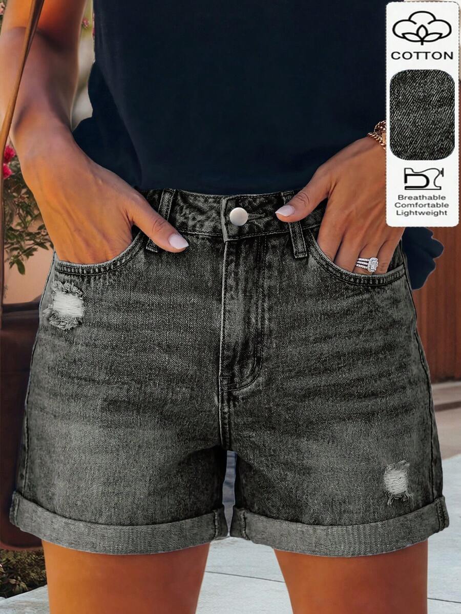 Quần short denim nữ ống rộng phong cách đường phố cổ điển, màu đen thường ngày mùa hè. - màu đen - Xem 1