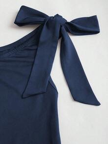 Fashionable Dress With Metal Flower Embellishment, Gathered Shoulders And Hem - 藍色 - 查看 3
