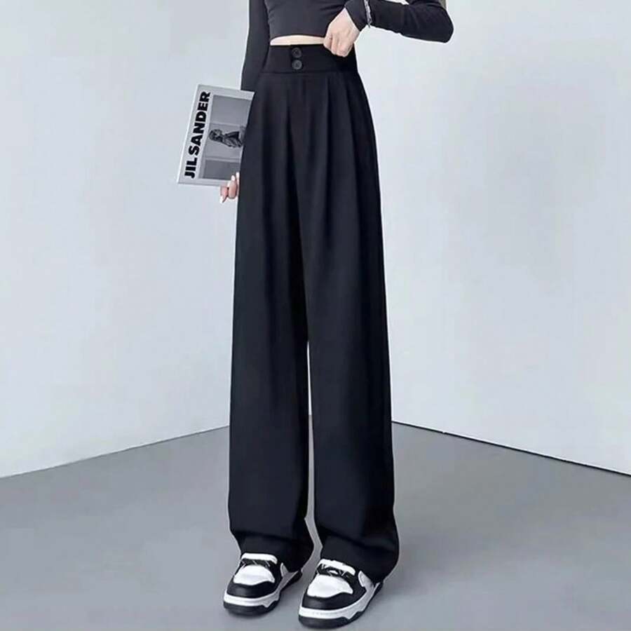 Pantalones holgados de cintura alta para mujer, pantalones de pierna recta de diseñador clásico, pantalones informales de moda para uso diario - Negro - Ver 1