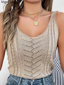 VigoCasey 2026 Top de Verano para Mujer con Tirantes, Chaleco de Punto Calado con Cuello en V, Blusa Casual sin Mangas con Cuello en V para Mujer, Ropa Ajustada - Caqui - Ver 5