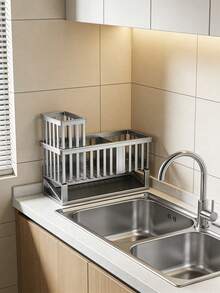 1pc Large Capacity Kitchen Sink Drain Basket - Sink Organizer/Dish Rack, Kitchen Storage Box, Black & Grey, Suitable For Kitchen And Bathroom Organizer Rack - With Automatic Drainage Hole Kitchen Sink, Equipped With Detachable Drain Tray Storage Container; Used For Storing Sponges, Brushes, Dishcloths, Soap, Utensils, Toiletries And Other Kitchen & Bathroom Accessories, Ideal For Kitchen Sink And Bathroom Countertop - Multicolor - View 11