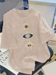 Fashionable Vintage Women's T-Shirt, Elegant And Exquisite, Made Of 100% Pure Cotton With A Heavy Wash Effect, Loose Fit And Short Sleeves, Creative Custom Design With The Mystical Y2K Symbol Of The Turkish Eye, American Casual Sporty Style, Ideal For Outdoor Travel, Gift. - 杏色 - 查看 7