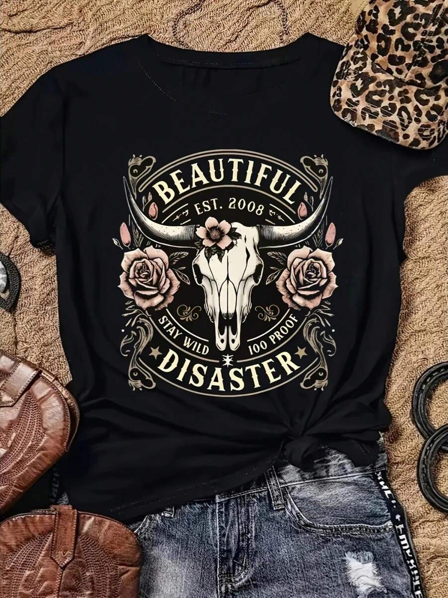 Plus Size Women Clothes,Western Print,"Beautiful Disaster Est. 2008" Floral Longhorn Skull Design,Vintage Style,220g 100% Cotton Short Sleeve Curvy T-Shirt,Graphic Tees Women,Summer Tops - màu đen - Xem 1