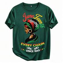 Women's Juneteenth Graphic T-Shirt - "Break Every Chain Since 1865" Design, Vibrant Geometric Print Short Sleeve Top, 100% Cotton Regular Fit For - 墨綠色 - 查看 1