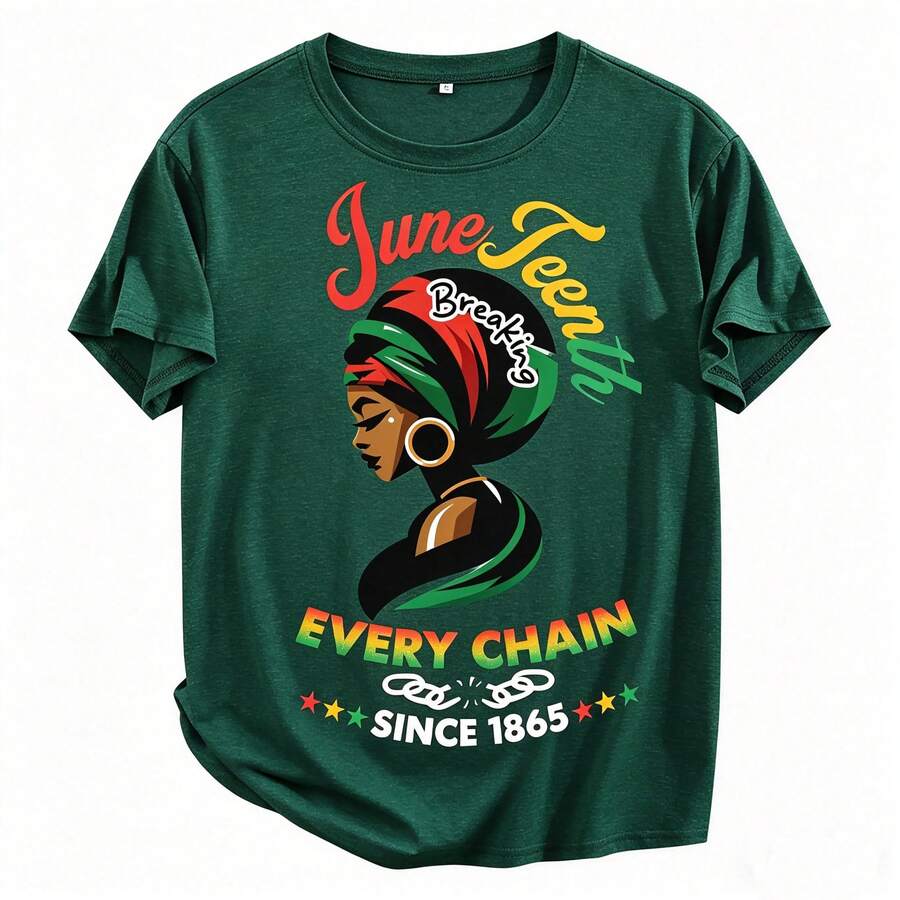 Women's Juneteenth Graphic T-Shirt - "Break Every Chain Since 1865" Design, Vibrant Geometric Print Short Sleeve Top, 100% Cotton Regular Fit For - 墨綠色 - 查看 1