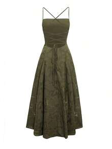 Vestido de verano sexy y elegante para mujer de Unadoll, con cinturón de cordón en la cintura y diseño sin espalda, hecho de tela jacquard, adecuado para vacaciones, playa, citas, vuelta al colegio, bodas, fiestas y otras ocasiones - Verde militar - Ver 4