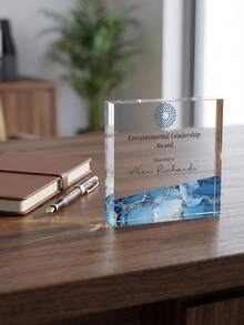 1pc Custom Marble Effect Crystal Award Trophy, Personalized Logo & Text Plaque, Multi-Color Options For Corporate Milestone & Employee Recognition, Years Of Service Recognition Plaque, Corporate Leadership Award Trophy - Blue - View 6